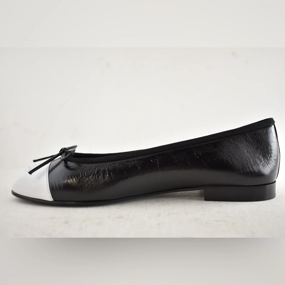 Chanel 26S Black White Crumpled Shiny Lambskin CC Bow Ballet Ballerina Flat 39 - Picture 13 of 16